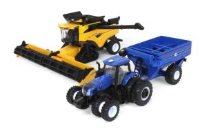 ERT13996 - Set de matériel NEW HOLLAND - Moissonneuse CR8.90 Smart Trax Tracteur Genesis T8.410 et remorque J&M couleur bleu