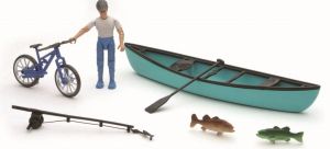 Ensemble aventure avec accessoires de pêche personnage et barque