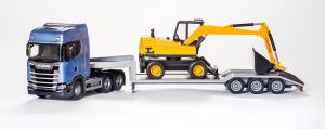 EMEK30604 - Camion  bleu avec porte-engin 3 essieux et pelleteuse LANNEN – SCANIA S 6x4