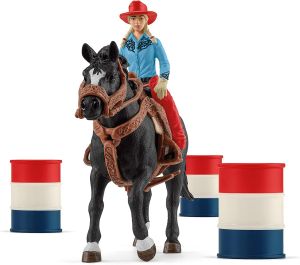 Figurine de l'univers Farm World - Cowgirl et Tonneaux de Racing