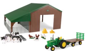 Set avec tracteur JOHN DEERE plateau , animaux et hangar