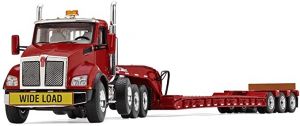 Camion KENWORTH T880 avec porte engins 3 essieux de couleur rouge