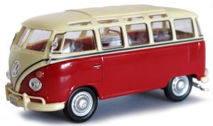 Véhicule de couleur crème et rouge – VW T1 samba