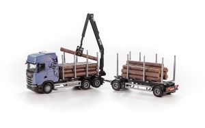EMEK70624 - Camion de couleur  bleu avec remorque 1 + 1 essieu transport de bois et bras de chargement – SCANIA S 6x4