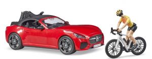 BRU3485 - Voiture coupé de couleur rouge avec porte vélo , Vélo et personnage