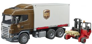 Camion porteur SCANIA R aux couleurs UPS avec caisse déposable et chariot élévateur Jouet BRUDER