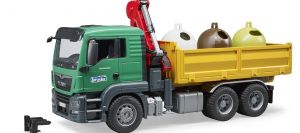 Camion benne avec grue de déchargement et conteneurs à bouteilles - MAN TGS