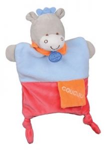 DC2784ANE - Doudou de la gamme marionnette - Ane Petit secret de couleur bleu et Corail