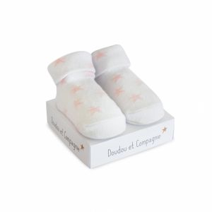 Chaussette de naissance de la gamme DOUDOU ET COMPAGNIE de couleurs Blanche avec étoiles rose