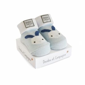 DC3703-03 - Chaussette de naissance de la gamme DOUDOU ET COMPAGNIE couleur Bleu, blanche avec lapin