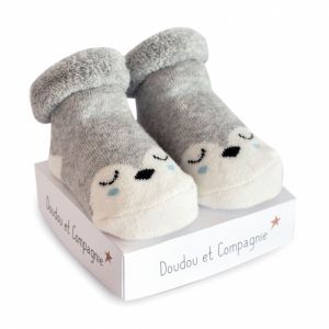 Chaussette de naissance petites bouilles de la gamme DOUDOU ET COMPAGNIE couleur Grise