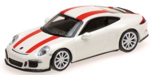 Voiture sportive PORSCHE 911 R de 2016 de couleur blanche avec bandes rouges