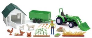Ensemble avec personnage animaux tracteur vert avec remorque et bâtiment