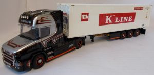 Camion 4x2 SCANIA Topline type Torpedo Regis et semi 3 essieux porte container avec container K-Line