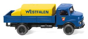 WIK043801 - Camion plateau Mercedes-Benz avec réservoir de couleur bleu et jaune WESTFALEN