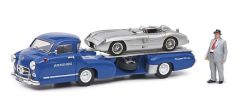 SCH03768 - MERCEDES grise 300 SLR avec figurine et porte voiture MERCEDES BLUE WUNDER