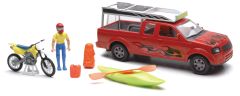 NEW37385B - Ensemble aventure avec un pick-up rouge un kayak et 1 moto personnage et accessoires