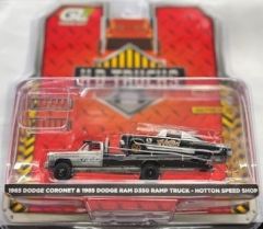 GREEN33260-A-GRIS - Voiture sous blister de la série H.D TRUCKS - HOTTON SPEED SHOP - DODGE Ram D350 1985 avec DODGE Coronet couleur grise de 1965
