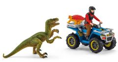 Figurine et accessoire de l'univers des Dinosaures - Fuite sur quad face au vélociraptor