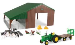 Set avec tracteur JOHN DEERE plateau , animaux et hangar