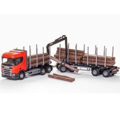 EMEK70605 - Camion rouge avec dolly et remorque 2 essieux transport de bois – SCANIA R450 6x4