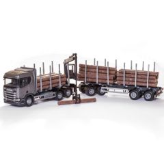 EMEK71603 - Camion gris avec grue de chargement et remorque transport de bois – SCANIA R450 6x4