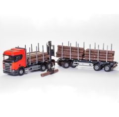 EMEK71605 - Camion rouge avec grue de chargement et remorque transport de bois – SCANIA R450 6x4