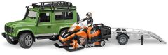 BRU2594 - Voiture 4x4 LAND ROVER Defender équipé d'une remorque avec la moto neige et 1 personnage jouet BRUDER