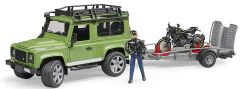 BRU2598 - Voiture 4x4 LAND ROVER avec moto DUCATI, figurine et remorque plateau