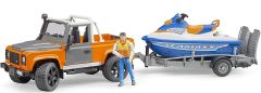 BRU2599 - Voiture 4x4 pick-up LAND ROVER Defender avec jet ski et la remorque figurine articulée fournie Jouet BRUDER
