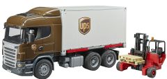 BRU3581 - Camion porteur SCANIA R aux couleurs UPS avec caisse déposable et chariot élévateur Jouet BRUDER