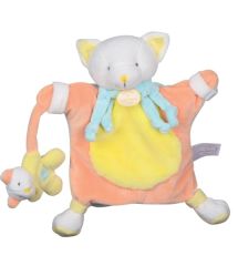 DC2569 - Doudou de la gamme marionnette - Chat de couleurs Jaune et corail
