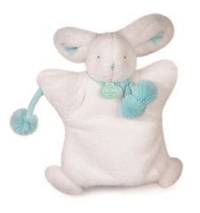 DC2742BVERT - Doudou de la gamme Marionnette - Lapin Pompon de couleurs Blanc et Vert