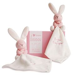 DC2917LAPIN - Coffret de doudou de la gamme J'AIME MON DOUDOU - 2 Lapins de couleurs rose