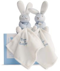 DC2918LAPIN - Coffret de doudou de la gamme J'AIME MON DOUDOU - 2 Lapins de couleurs Bleu