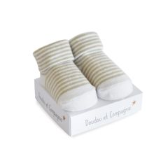 DC3704-04 - Chaussette de naissance de la gamme DOUDOU ET COMPAGNIE couleur Blanche avec rayures Taupe