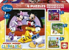 EDU15288 - Boîte de 4 Puzzles 12-16-20-25 Pièces du dessin animé Mickey, Minnie et leurs amis