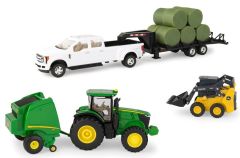 ERT46771 - Coffret JOHN DEERE avec tracteur 7230R et sa presse à balle ronde 569, un 4x4 blanc, un plateau et une mini chargeuse 318G