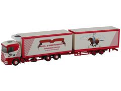 HER1657 - Camion Porteur Scania 124 avec remorque aux couleur du transporteur FRANK DE RIDDER