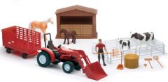 NEW04065A - Ensemble avec personnage animaux tracteur rouge avec remorque et bâtiment