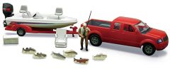 NEW37135A - Voiture 4x4 Pick-up couleur rouge accompagnée d'une figurine d'une remorque avec bateau et accessoires