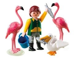 PLAY4758 - Gardien de Zoo avec flamants roses et pélican PLAYMOBIL - Contient : 11 Pièces