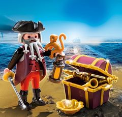 PLAY4783 - Pirate barbe grise avec son coffre fort , son singe et accessoires PLAYMOBIL - Contient : 11 Pièces