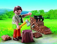 PLAY5412 - Bûcheron PLAYMOBIL avec son tas de bois - Contient : 9 Pièces