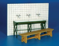 PLS087 - Ensemble de 1 banc avec 1 evier et 3 robinets miniatures en kit à assembler et à peindre mur non fournis
