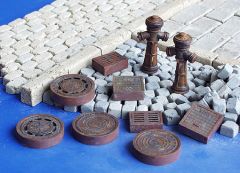 PLS143 - Ensemble en miniature de regards et de plaques d'égout avec 2 bornes incendies à assembler et à peindre pour diorama