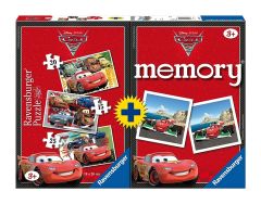 RAV072279 - Boîte de 3 Puzzles de 15,20,25 Pièces et jeu Mémory du dessin animé Cars 2