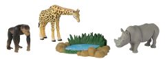 T16058 - 3 Figurines articulées de l'univers d'ANIA - un singe , une girafe , un rhinocéros et un point d'eau