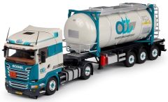 TEK68700 - Camion 4x2 SCANIA R Streamline avec semi porte container et container citerne aux couleurs DEN OUDEN