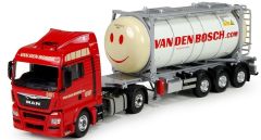 TEK71657 - Camion 4x2 MAN TGX Euro 6 XLX et remorque porte conteneur 3 essieux avec silo conteneur aux couleur Van den Bosch